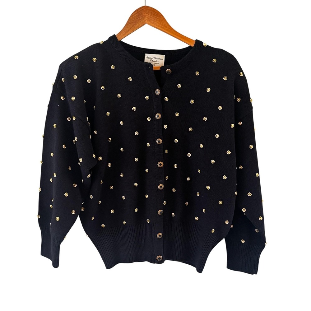 Vintage Marisa Christina Classics Beaded Cardigan Sweater XL Black Floral